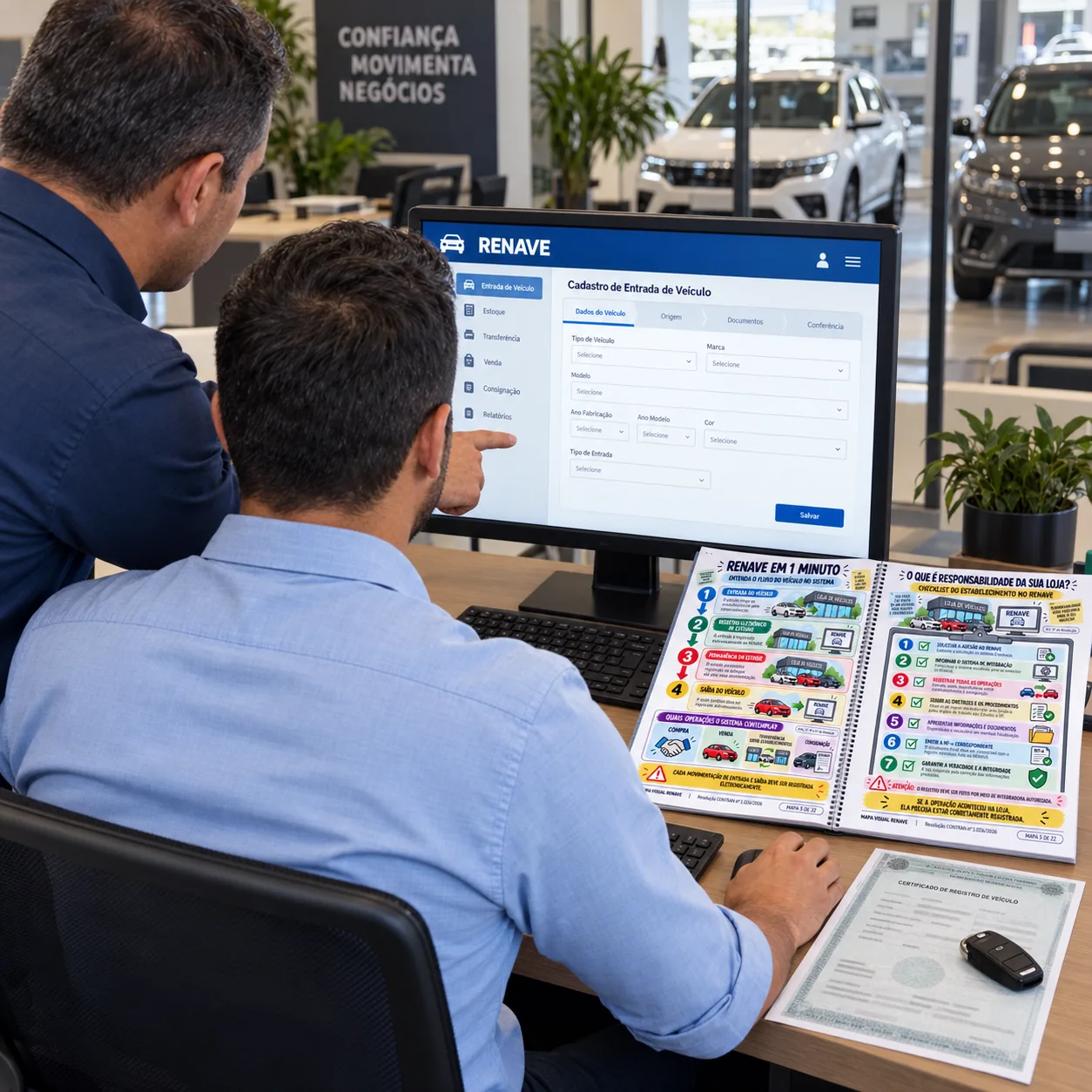 Profissionais consultando os mapas ao organizar o registro de um veículo no computador